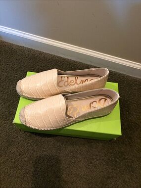 Sam Edelman Cream Croc-Embossed Espadrille Slip-Ons